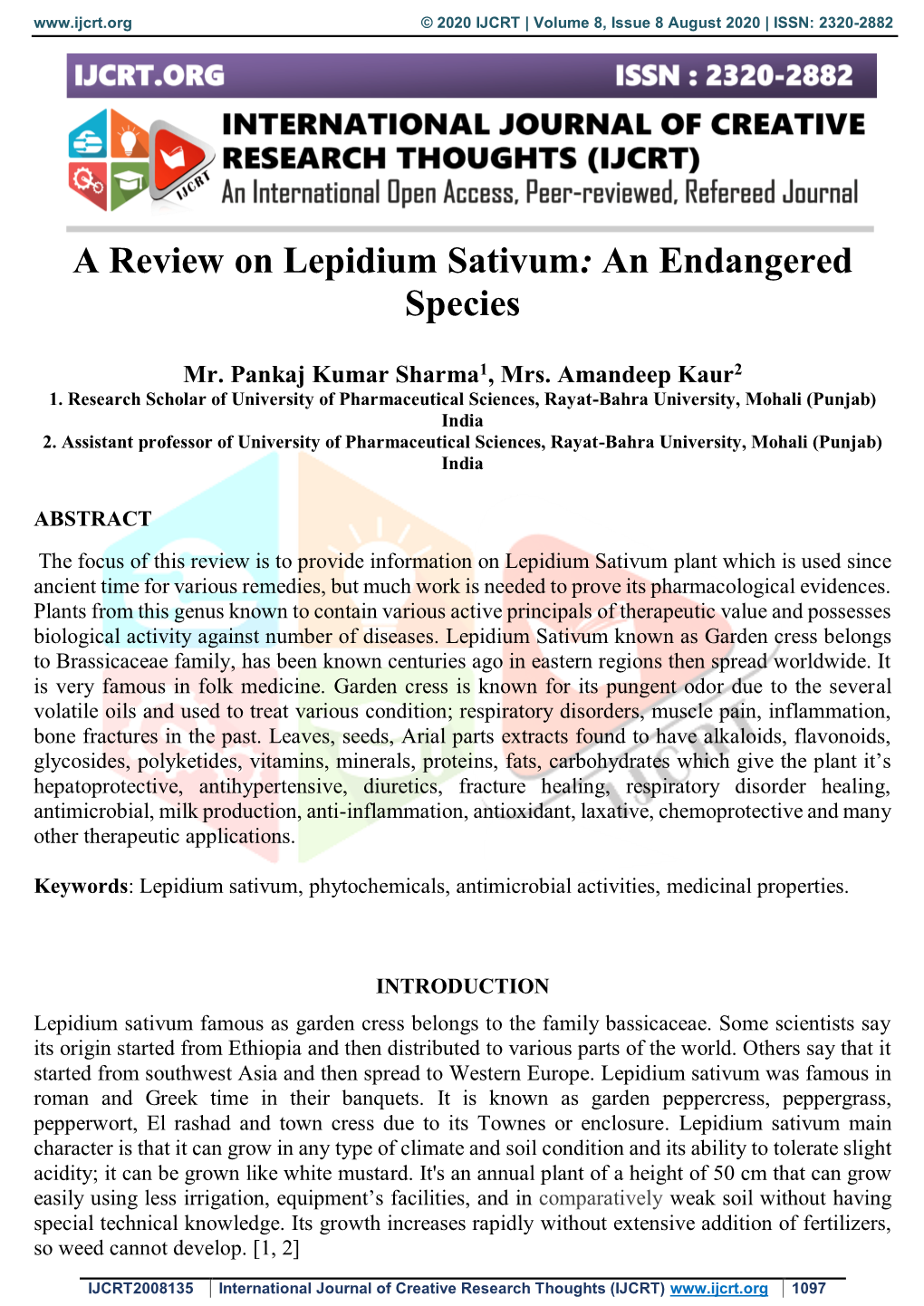 A Review on Lepidium Sativum: an Endangered Species