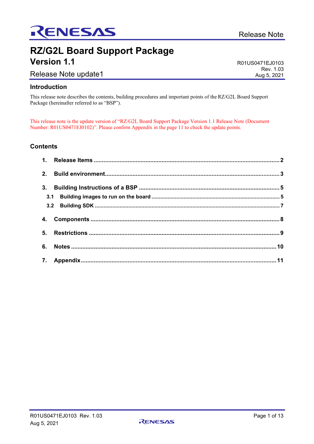 Release Note for RZ/G2L Board Support Package V1.1 Update1 Rev