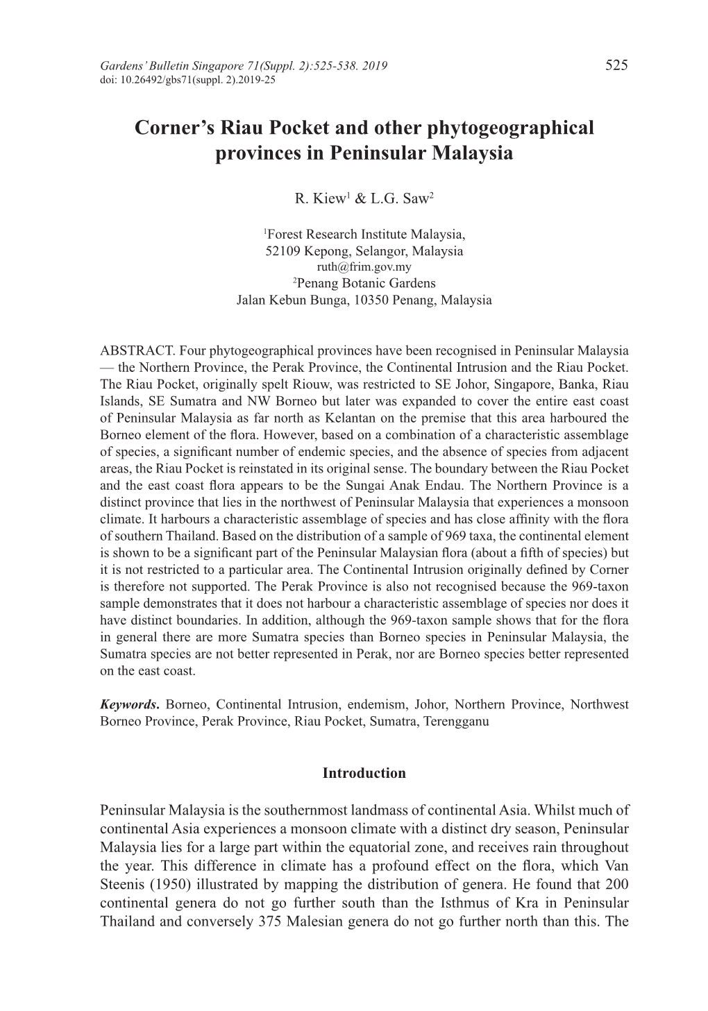 Corner's Riau Pocket and Other Phytogeographical Provinces in Peninsular Malaysia