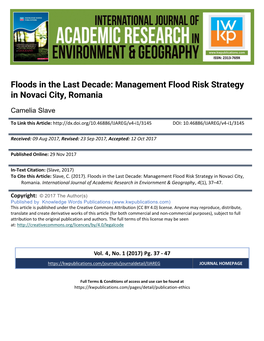 Floods in the Last Decade: Management Flood Risk Strategy in Novaci City, Romania