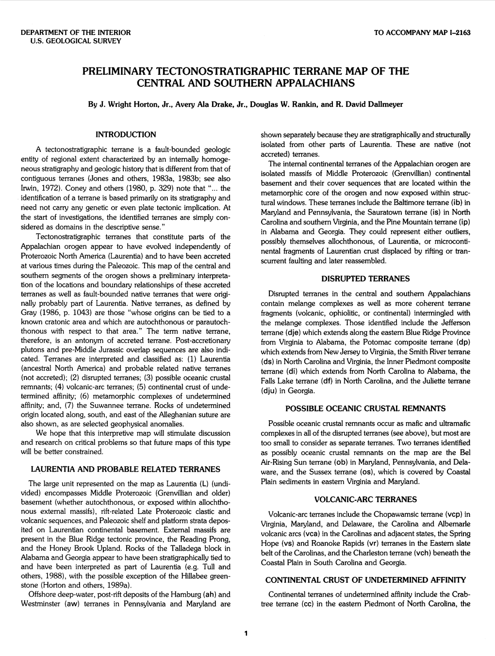 Preliminary Tectonostratigraphic Terrane Map of the Central and Southern Appalachians