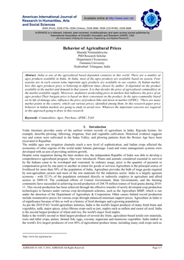 Behavior of Agricultural Prices Sharada Nimmalaboyina Phd Research Scholar Department F Economics Osmania University Hyderabad- Telangana, India
