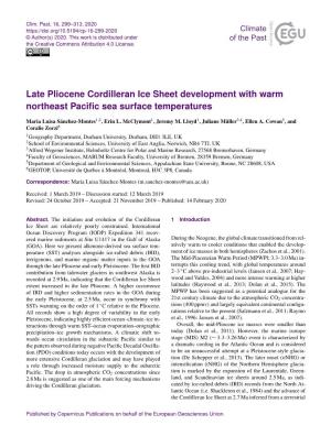 Late Pliocene Cordilleran Ice Sheet Development with Warm Northeast Paciﬁc Sea Surface Temperatures