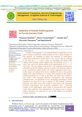 Induction of Somatic Embryogenesis in Torenia Fournieri Lind