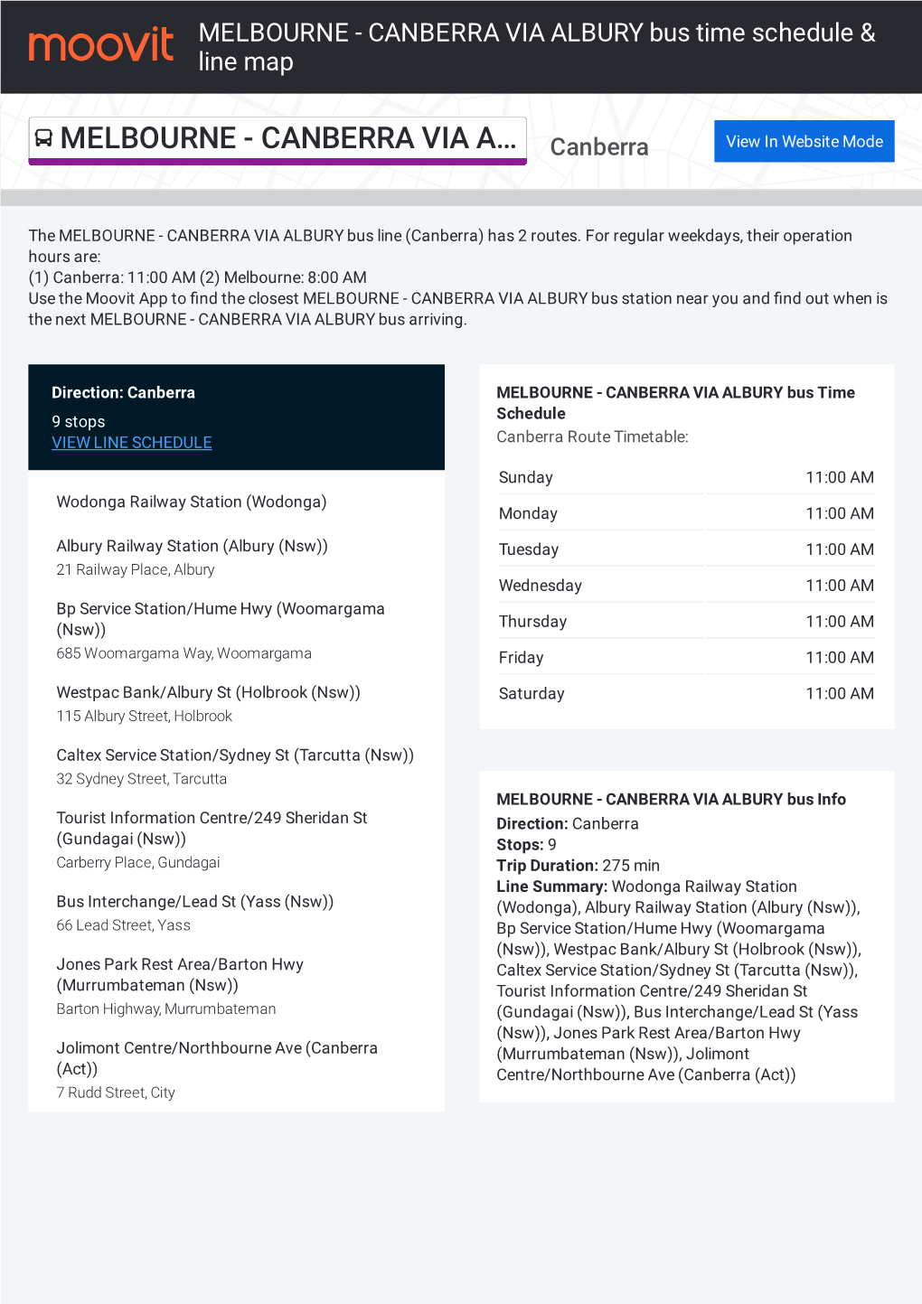 MELBOURNE - CANBERRA VIA ALBURY Bus Time Schedule & Line Map