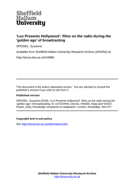 'Lux Presents Hollywood': Films on the Radio During the 'Golden Age' Of