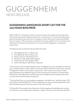 Guggenheim Announces Short List for the 2020 Hugo Boss Prize