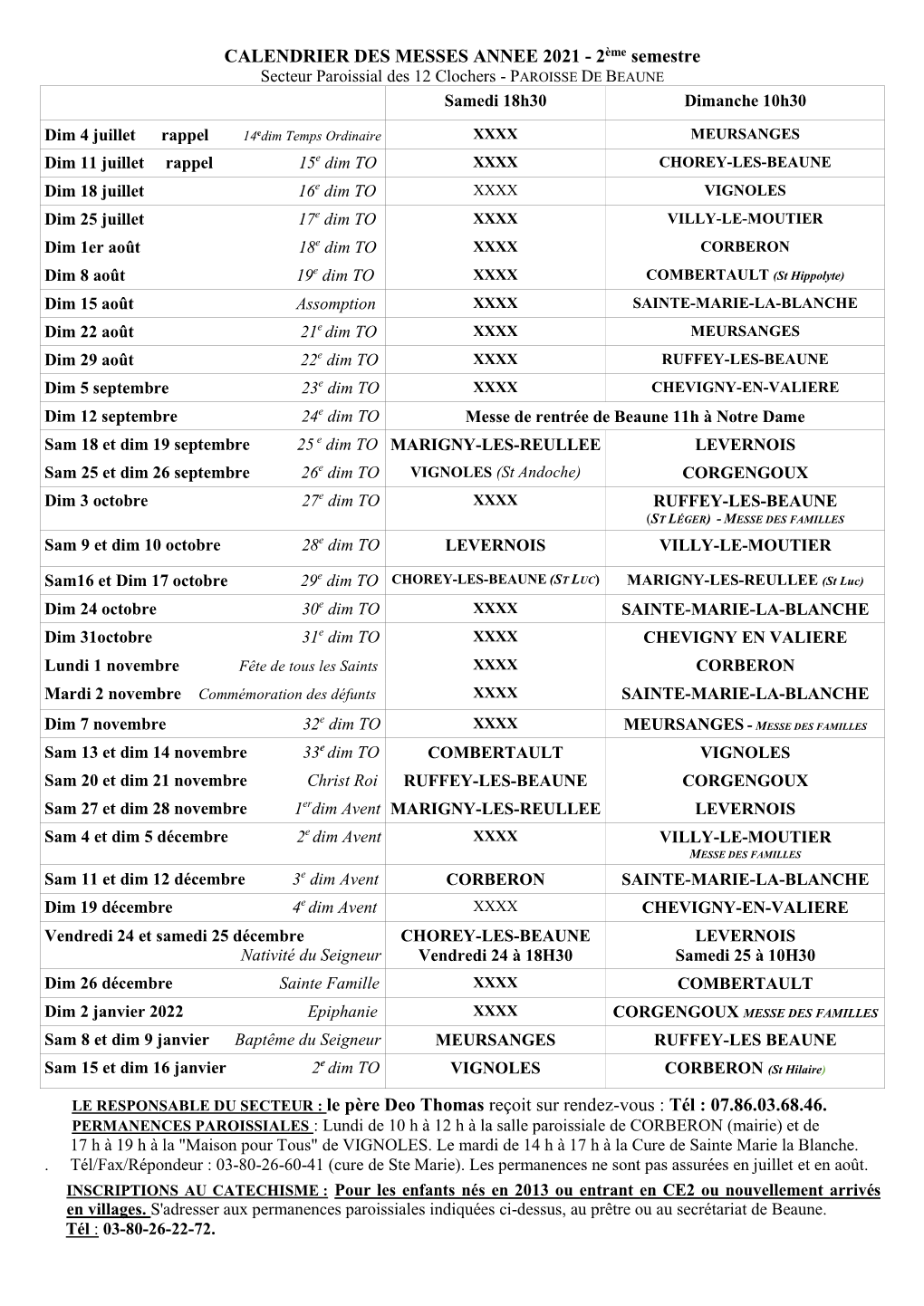 CALENDRIER DES MESSES ANNEE 2021 - 2Ème Semestre Secteur Paroissial Des 12 Clochers - PAROISSE DE BEAUNE Samedi 18H30 Dimanche 10H30