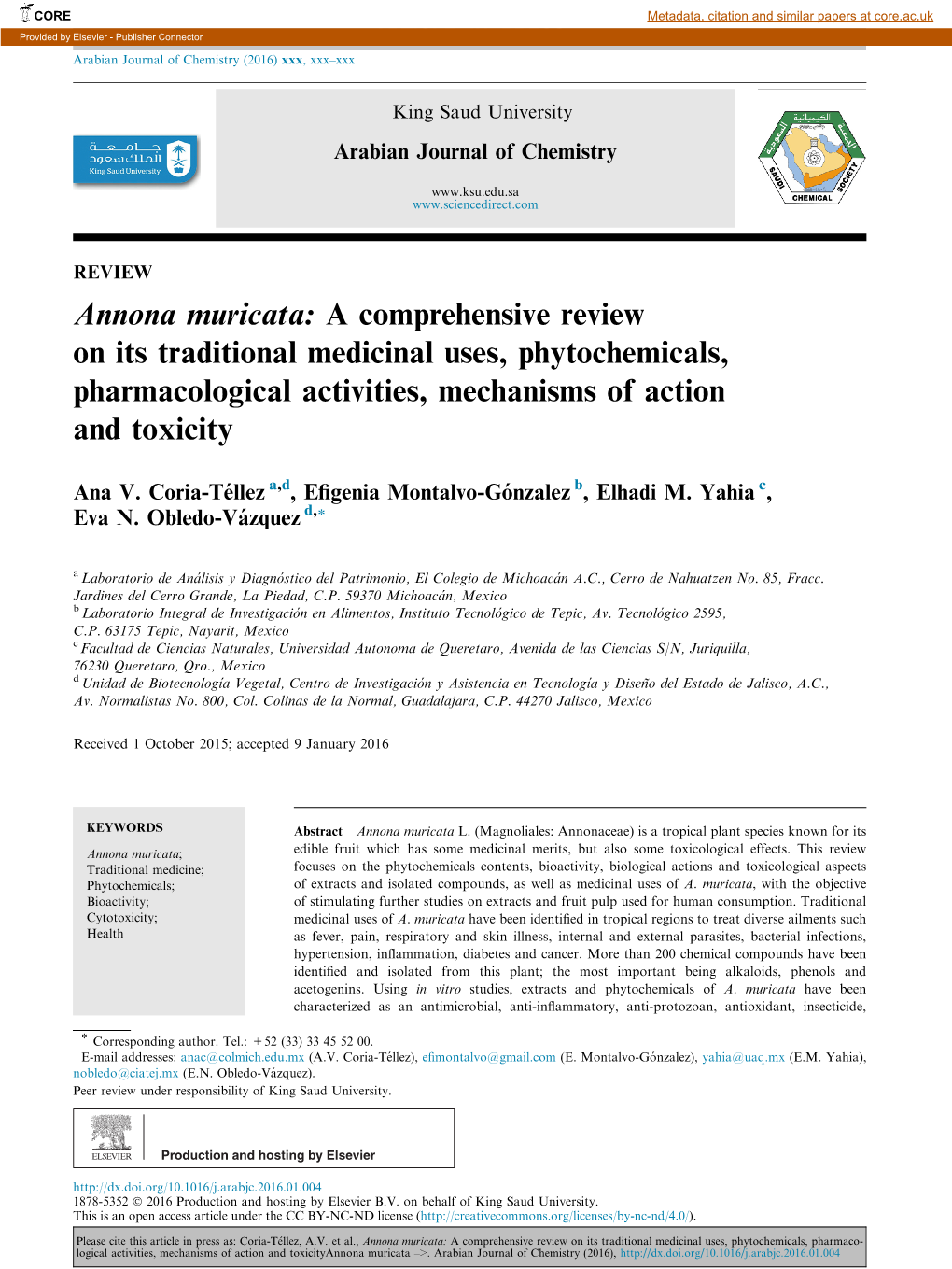 Annona Muricata: a Comprehensive Review on Its Traditional Medicinal Uses, Phytochemicals, Pharmacological Activities, Mechanisms of Action and Toxicity