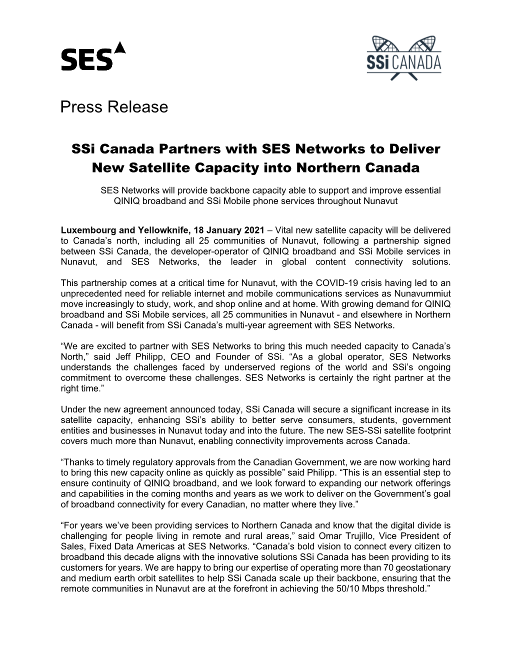 Ssi Canada Partners with SES Networks to Deliver New Satellite Capacity Into Northern Canada