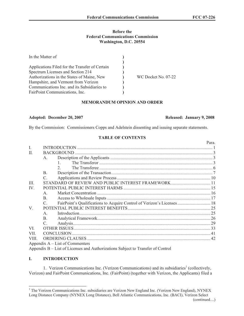 Federal Communications Commission FCC 07-226 Before the Federal