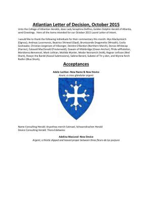 Atlantian Letter of Decision, October 2015 Acceptances