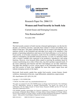 WIDER Research Paper 2006/131 Women and Food Security in South