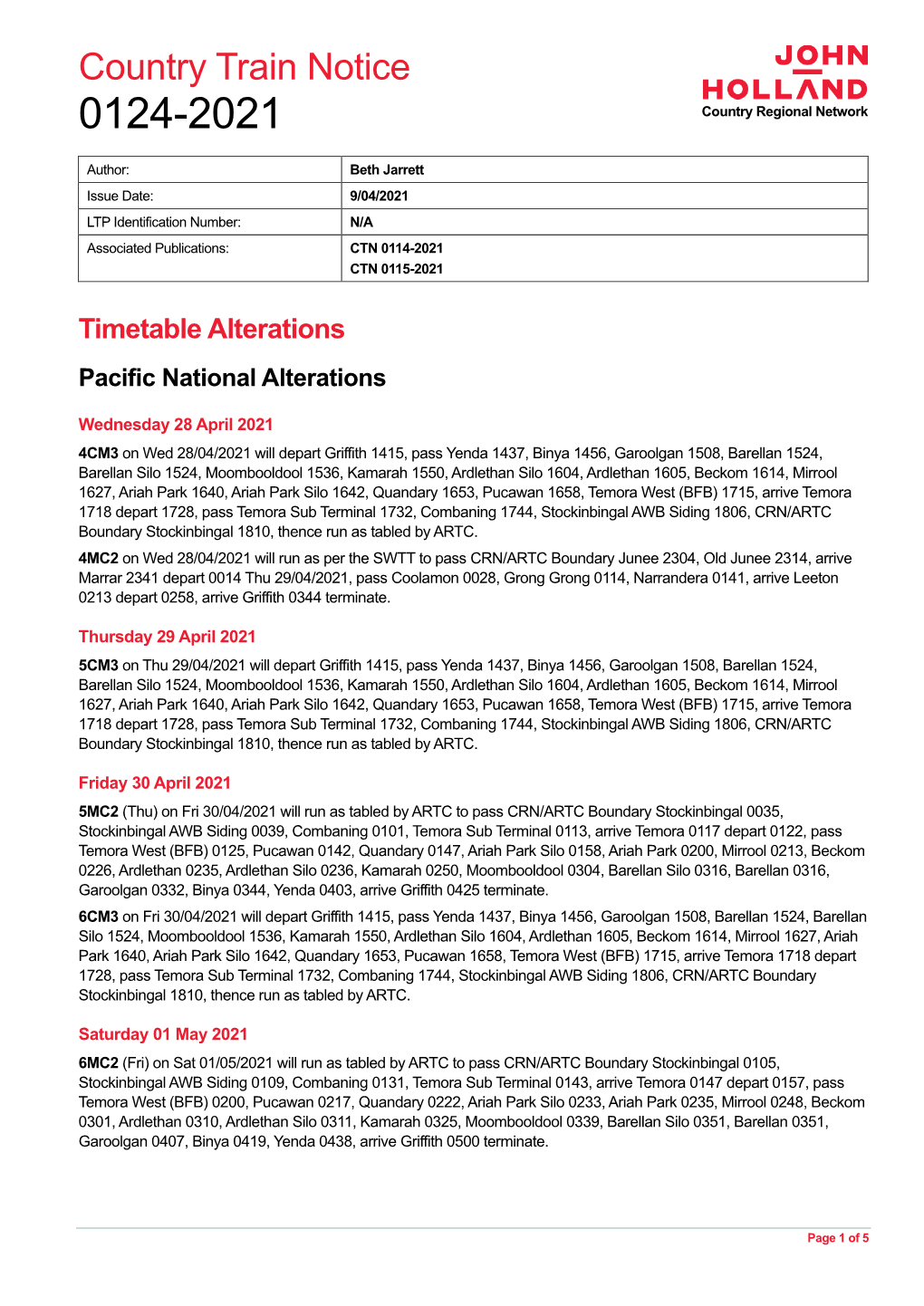 Country Train Notice 0124-2021 Country Regional Network