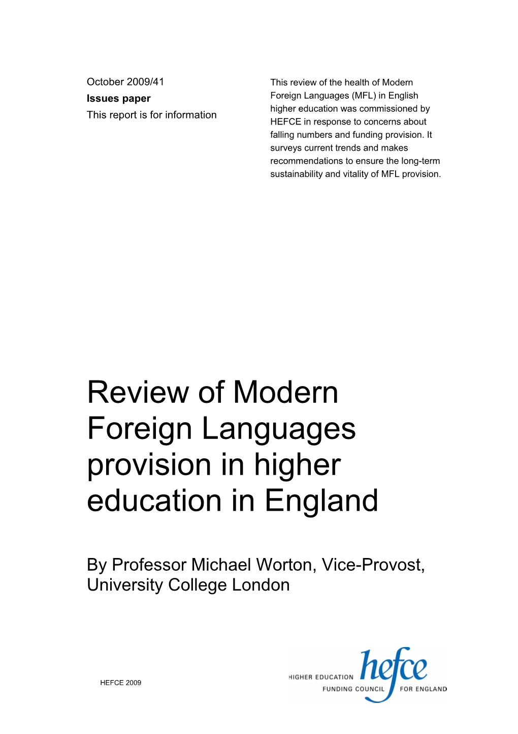 Review of Modern Foreign Languages Provision in Higher Education in England