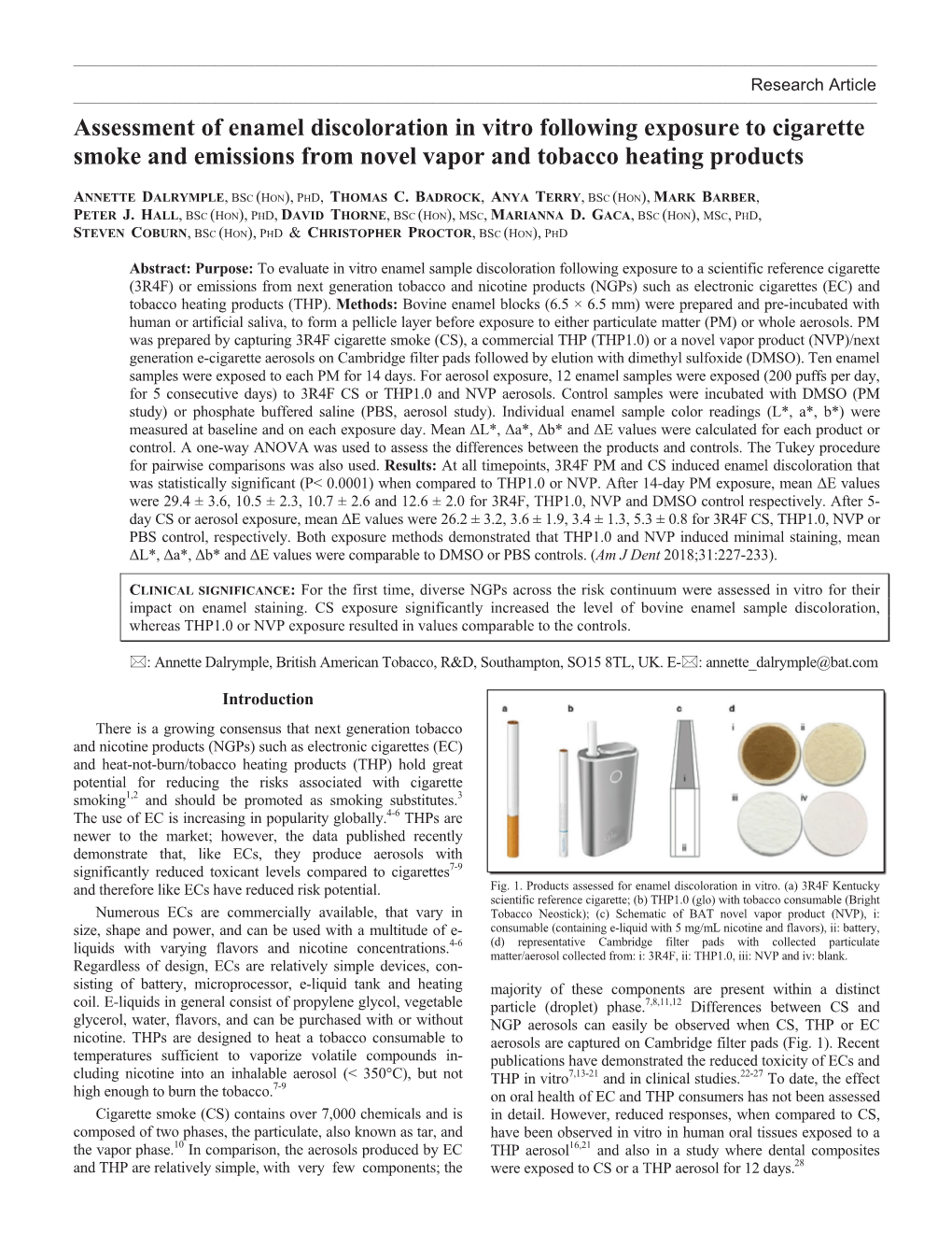 Assessment of Enamel Discoloration in Vitro Following Exposure to Cigarette Smoke and Emissions from Novel Vapor and Tobacco Heating Products