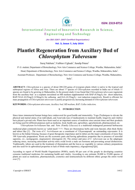 Plantlet Regeneration from Auxillary Bud of Chlorophytum Tuberosum