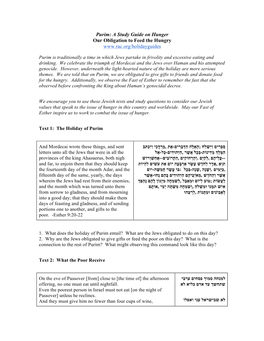 Purim: a Study Guide on Hunger Our Obligation to Feed the Hungry