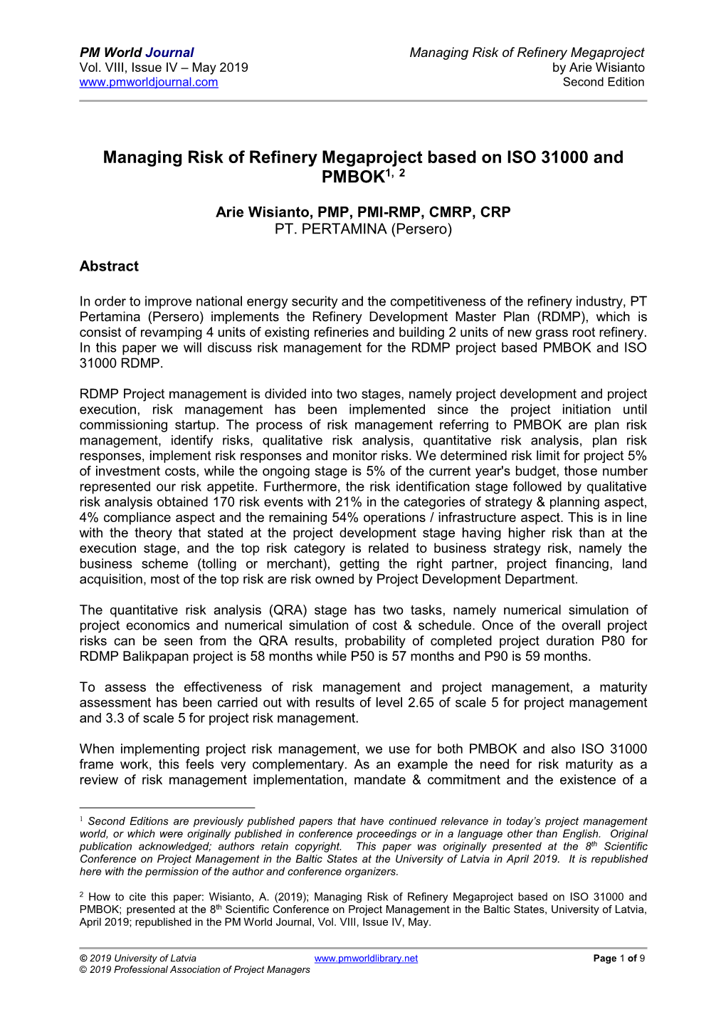 Managing Risk of Refinery Megaproject Based on ISO 31000 and PMBOK1, 2