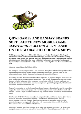 Qiiwi Games and Banijay Brands Soft Launch New Mobile Game Masterchef: Match & Win Based on the Global Hit Cooking Show