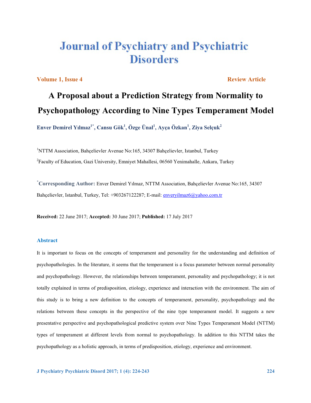 A Proposal About a Prediction Strategy from Normality to Psychopathology According to Nine Types Temperament Model