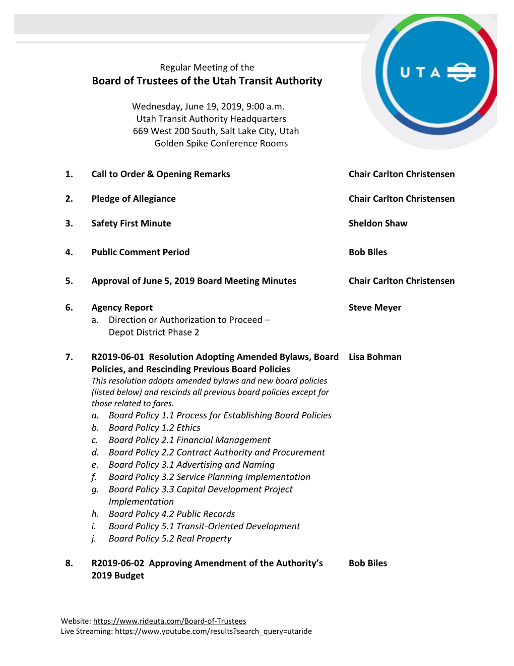 Board of Trustees of the Utah Transit Authority