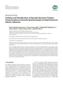 Isolation and Identification of Optochin-Resistant Viridans Group Streptococci from the Sputum Samples of Adult Patients in Jakarta, Indonesia