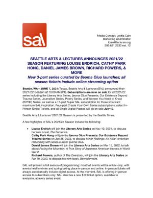 Seattle Arts & Lectures Announces 2021/22 Season