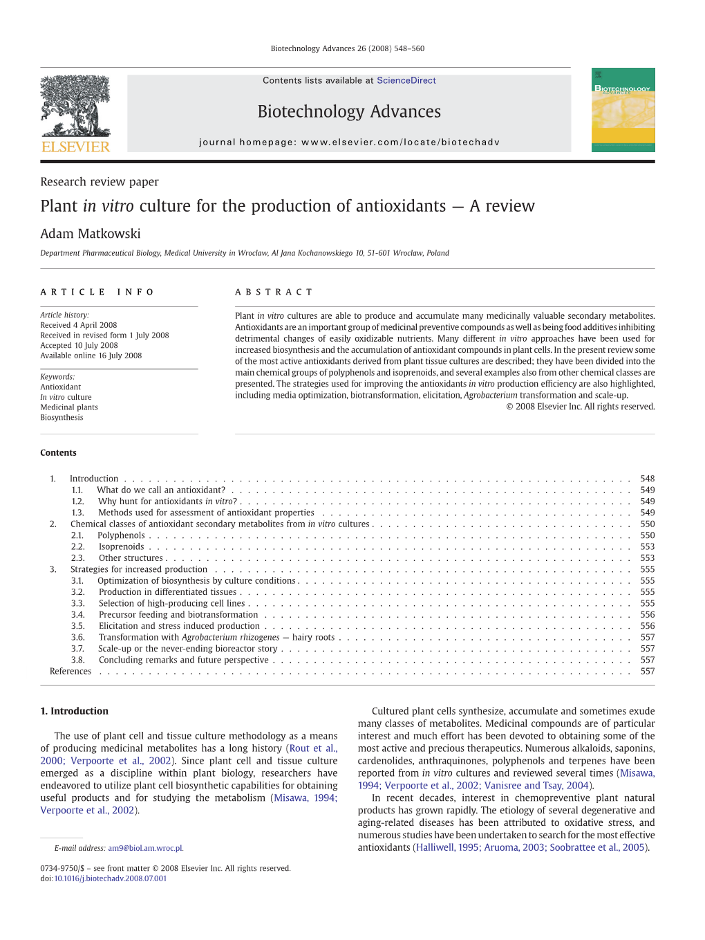 Plant in Vitro Culture for the Production of Antioxidants — a Review Biotechnology Advances