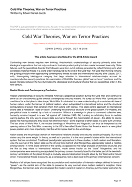 Cold War Theories, War on Terror Practices Written by Edwin Daniel Jacob