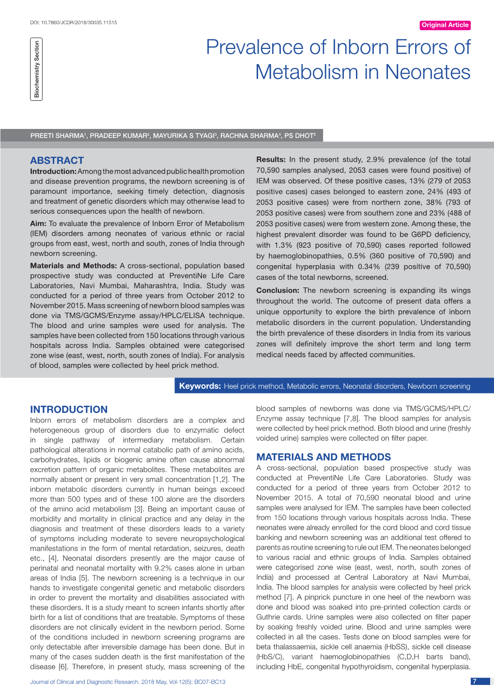 Prevalence of Inborn Errors of Metabolism in Neonates