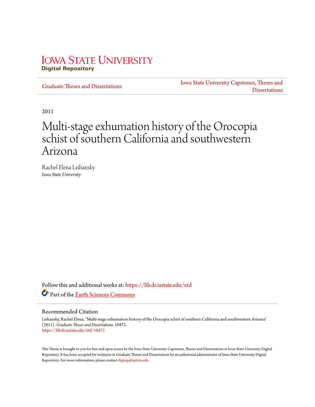 Multi-Stage Exhumation History of the Orocopia Schist of Southern California and Southwestern Arizona Rachel Elena Lishansky Iowa State University