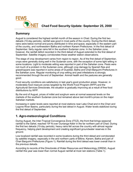 Chad Food Security Update: September 25, 2000 Summary 1. Agro-Meteorological Conditions