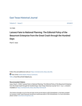 Laissez-Faire to National Planning: the Editorial Policy of the Beaumont Enterprise from the Great Crash Through the Hundred Days