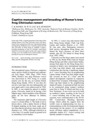 Captive Management and Breeding of Romer's Tree Frog Chirixalus Romeri