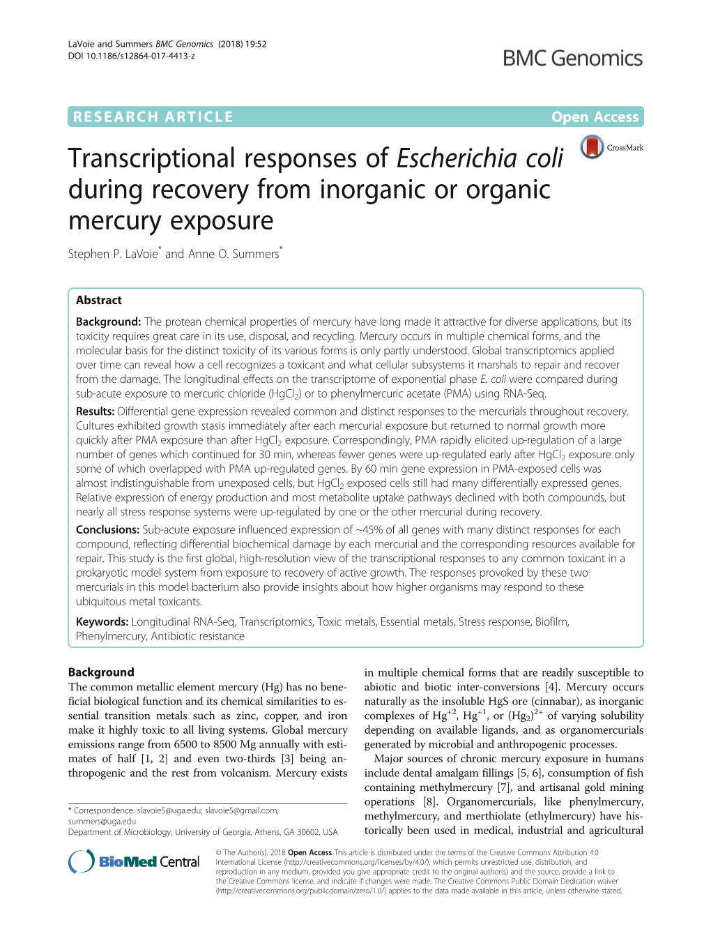 Transcriptional Responses of Escherichia Coli During Recovery from Inorganic Or Organic Mercury Exposure Stephen P