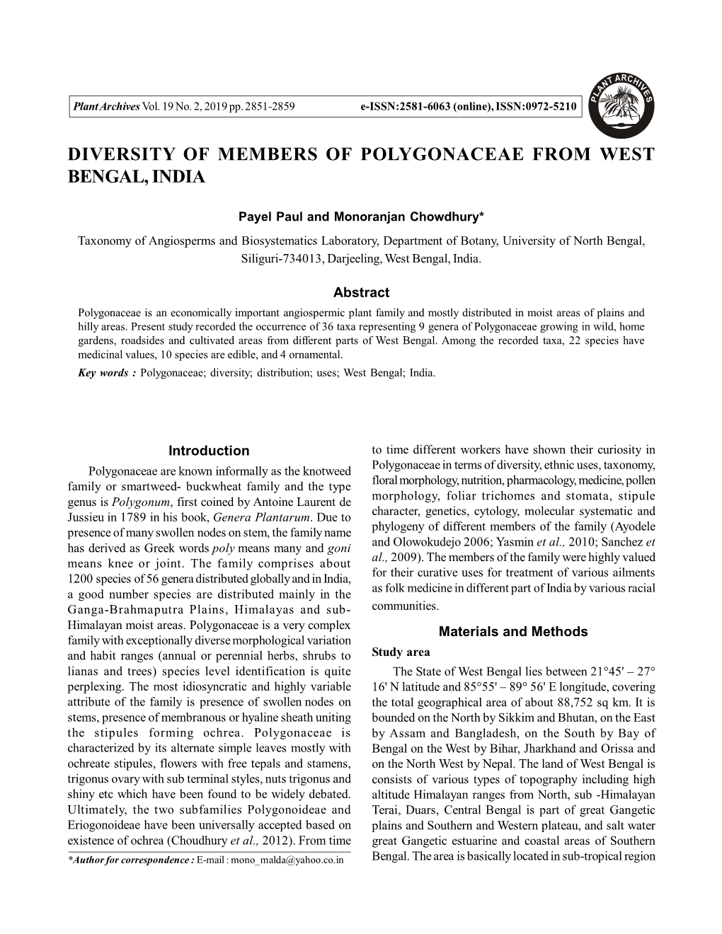 Diversity of Members of Polygonaceae from West Bengal, India