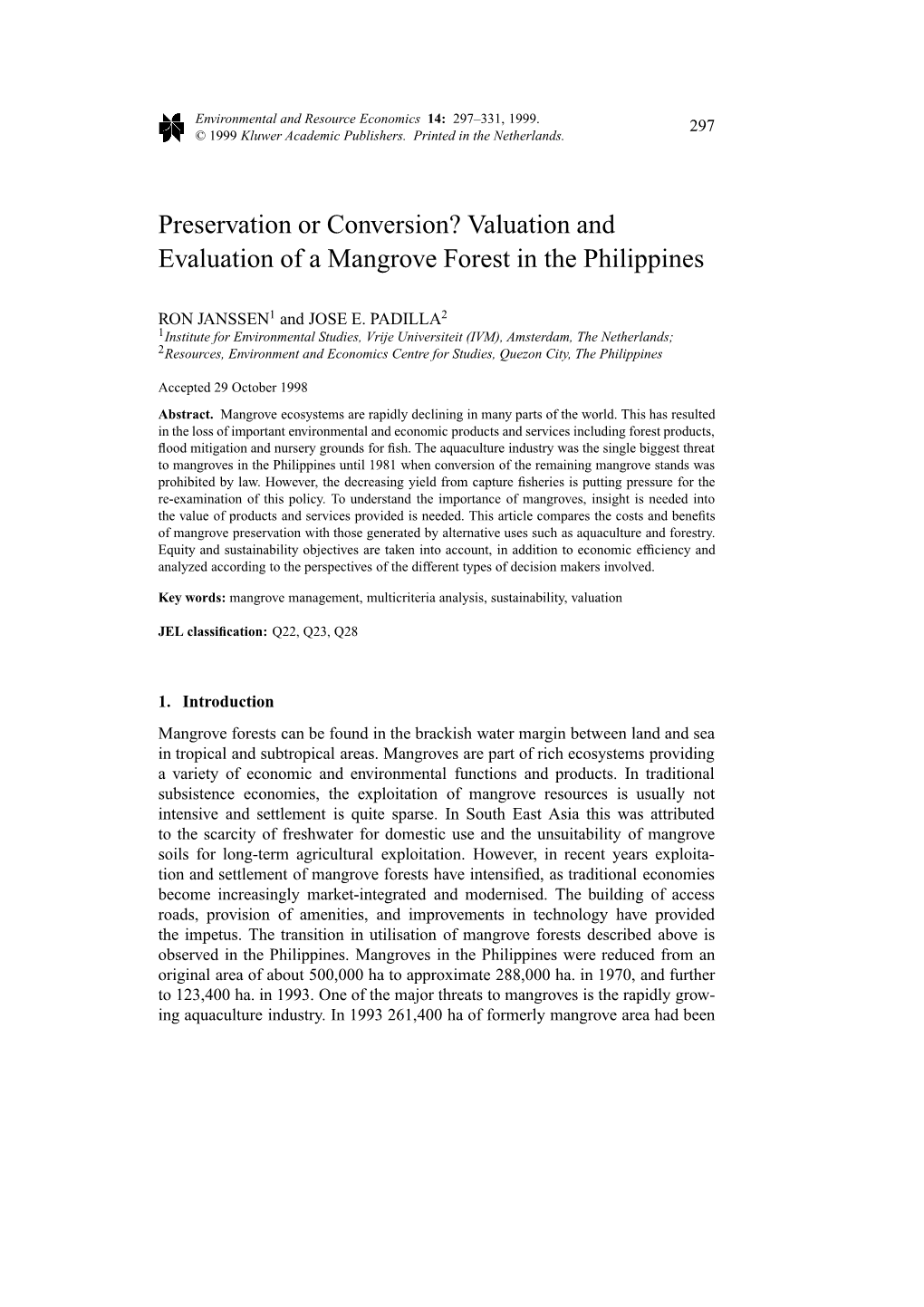 Valuation and Evaluation of a Mangrove Forest in the Philippines