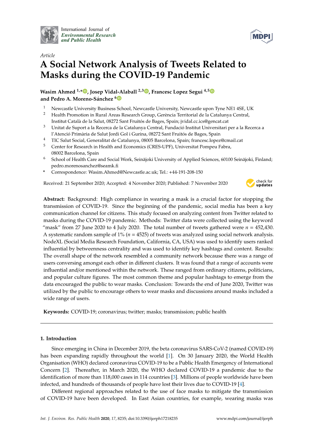 A Social Network Analysis of Tweets Related to Masks During the COVID-19 Pandemic