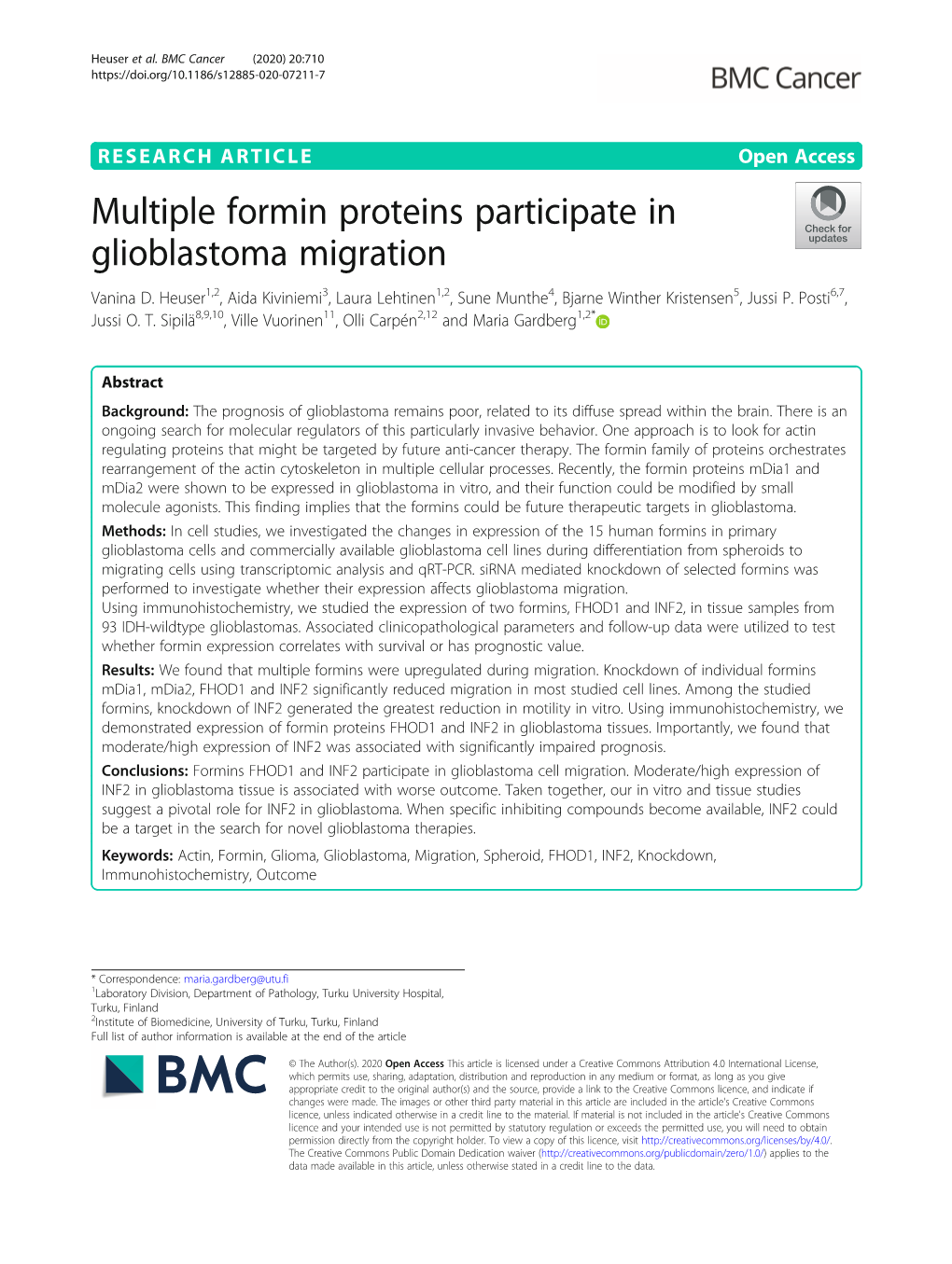 Multiple Formin Proteins Participate in Glioblastoma Migration Vanina D