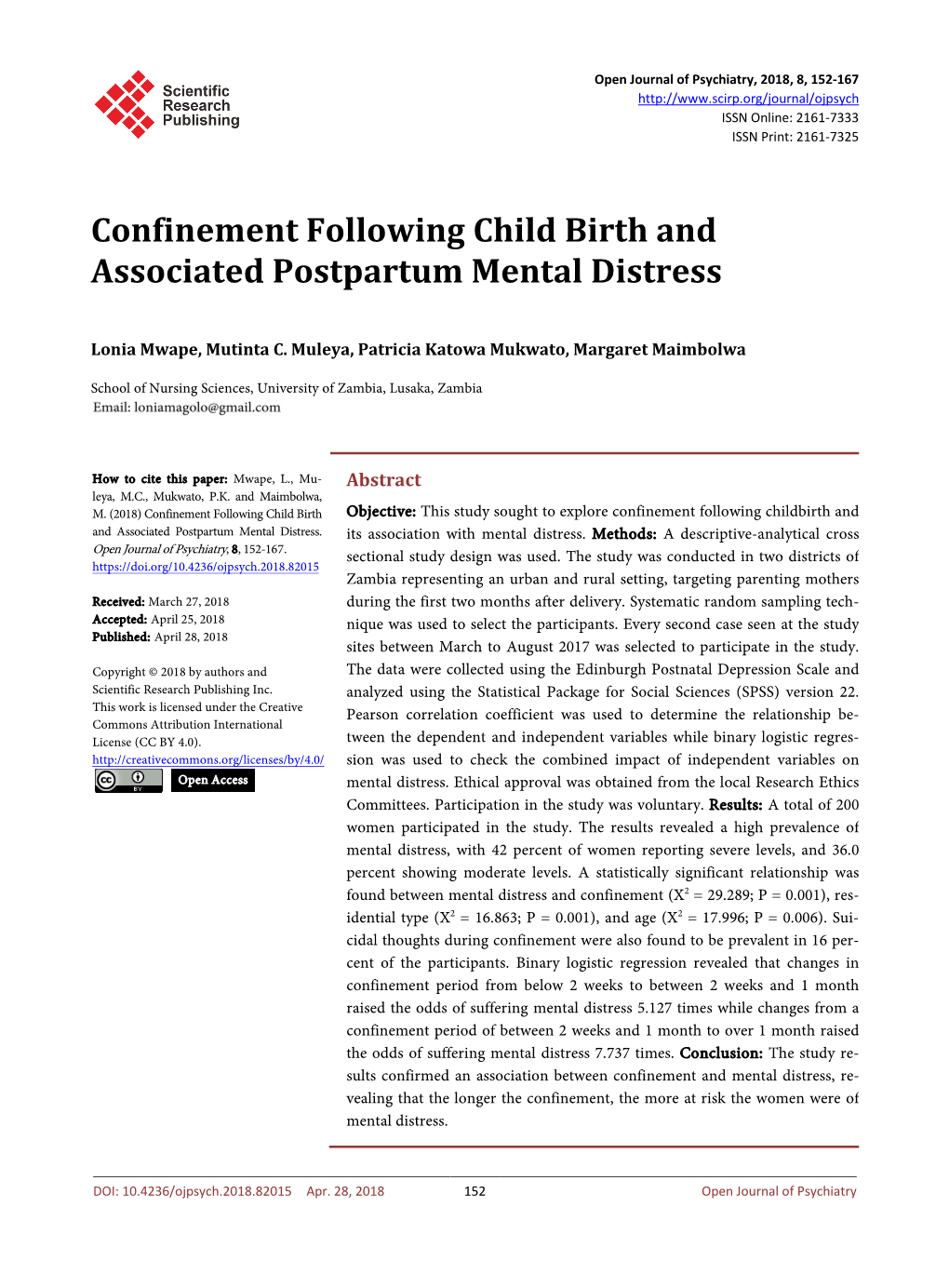 Confinement Following Child Birth and Associated Postpartum Mental Distress