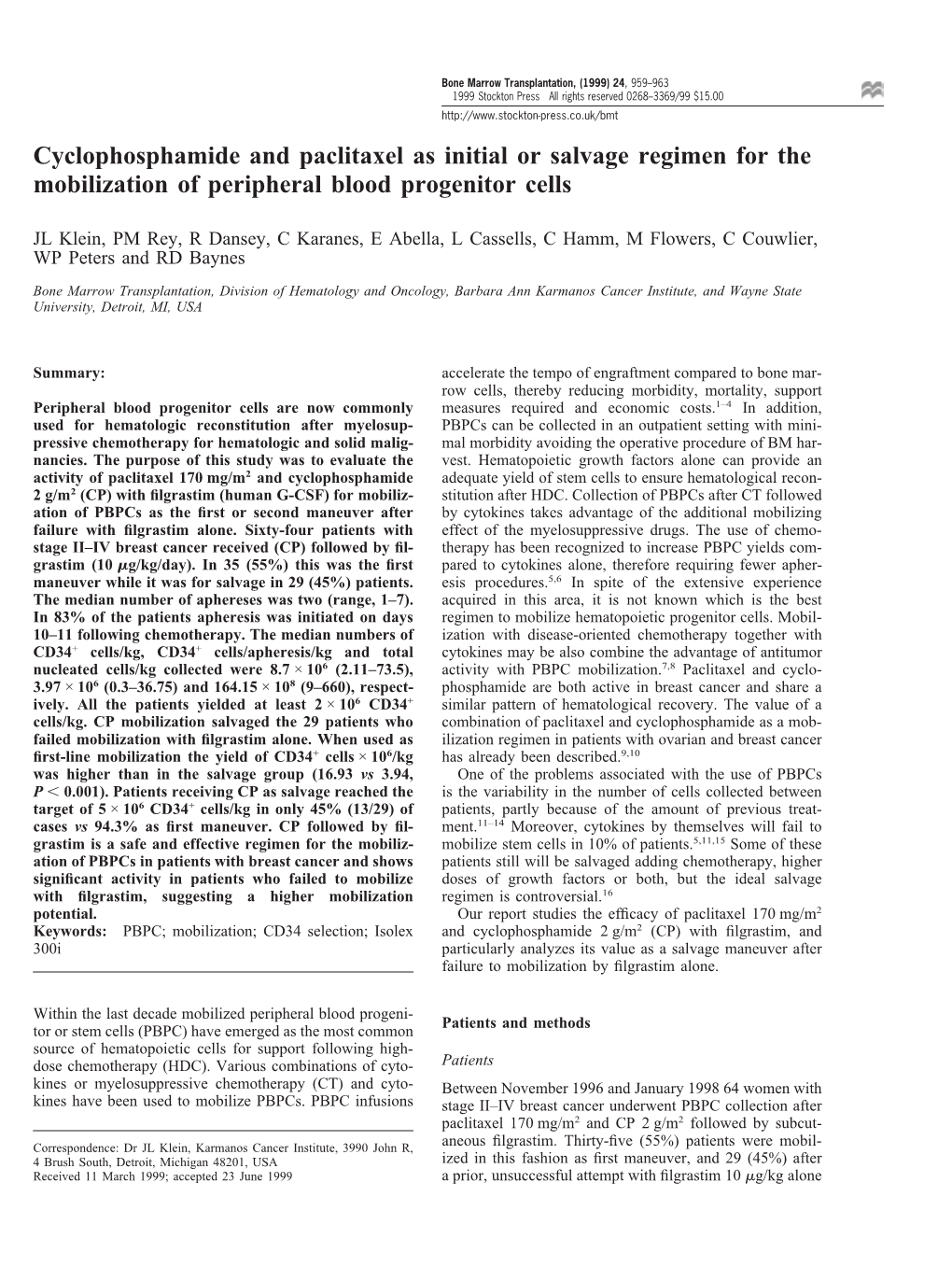 Cyclophosphamide and Paclitaxel As Initial Or Salvage Regimen for the Mobilization of Peripheral Blood Progenitor Cells