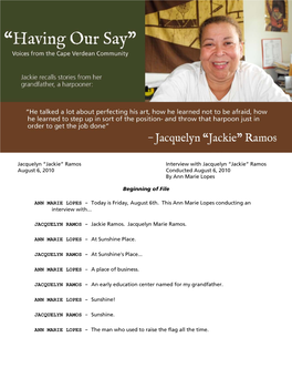 “Jackie” Ramos Conducted August 6, 2010 by Ann Marie Lopes
