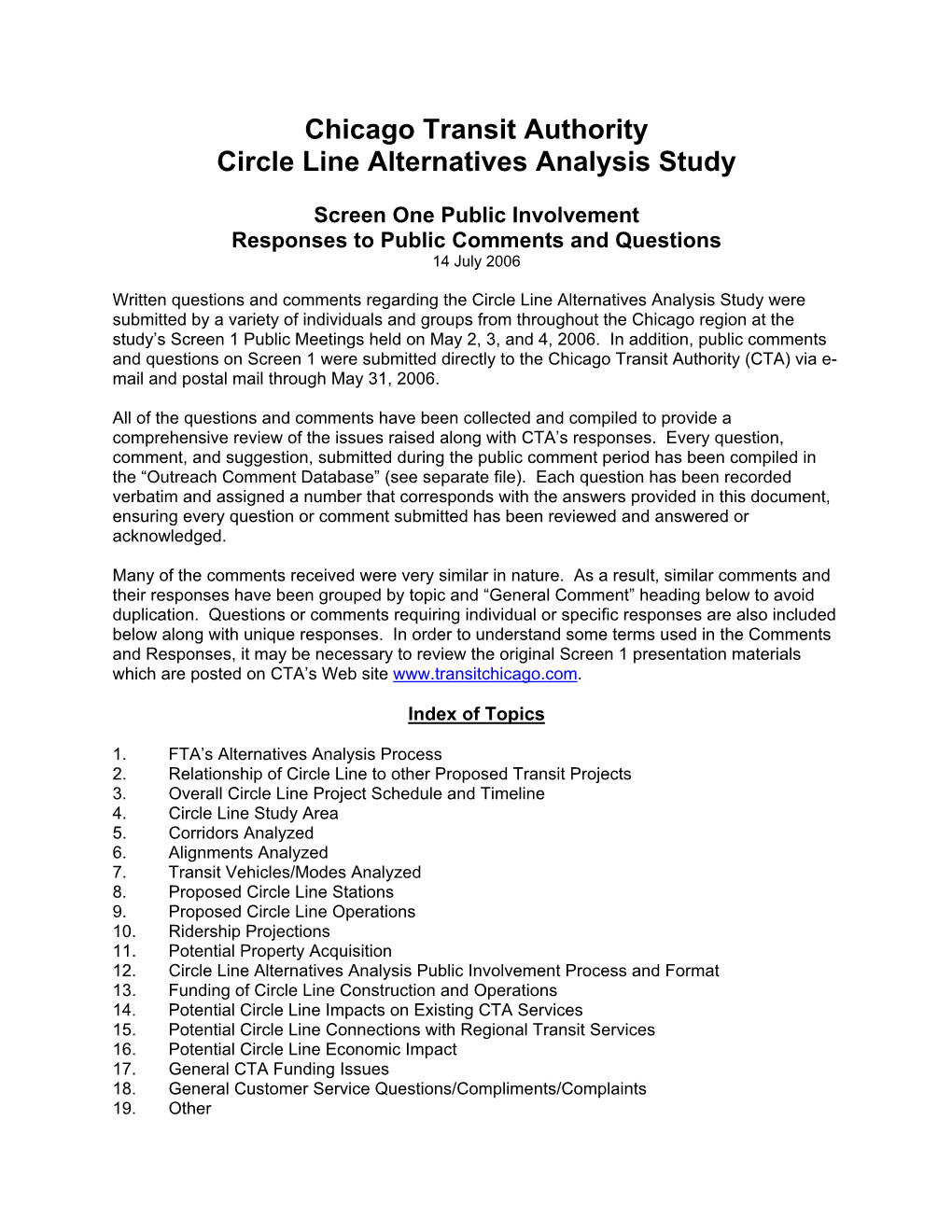 Chicago Transit Authority Circle Line Alternatives Analysis Study