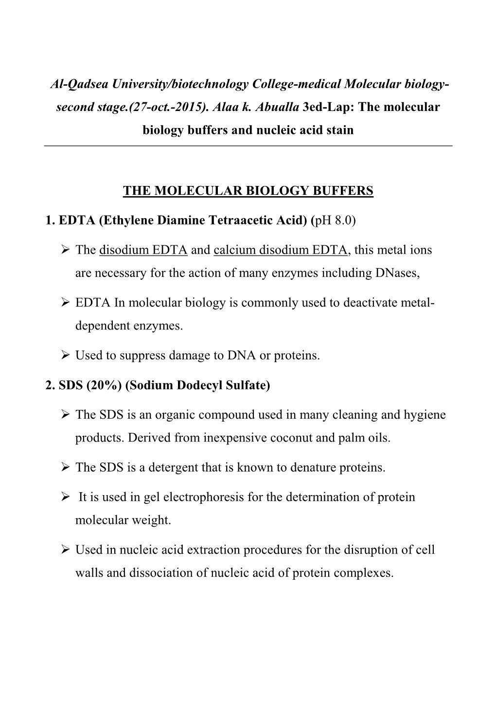 Al-Qadsea University/Biotechnology College-Medical Molecular Biology- Second Stage.(27-Oct.-2015)