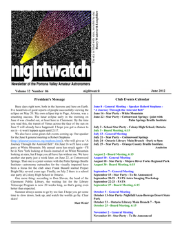 Nightwatch Club Events Calendar President's Message