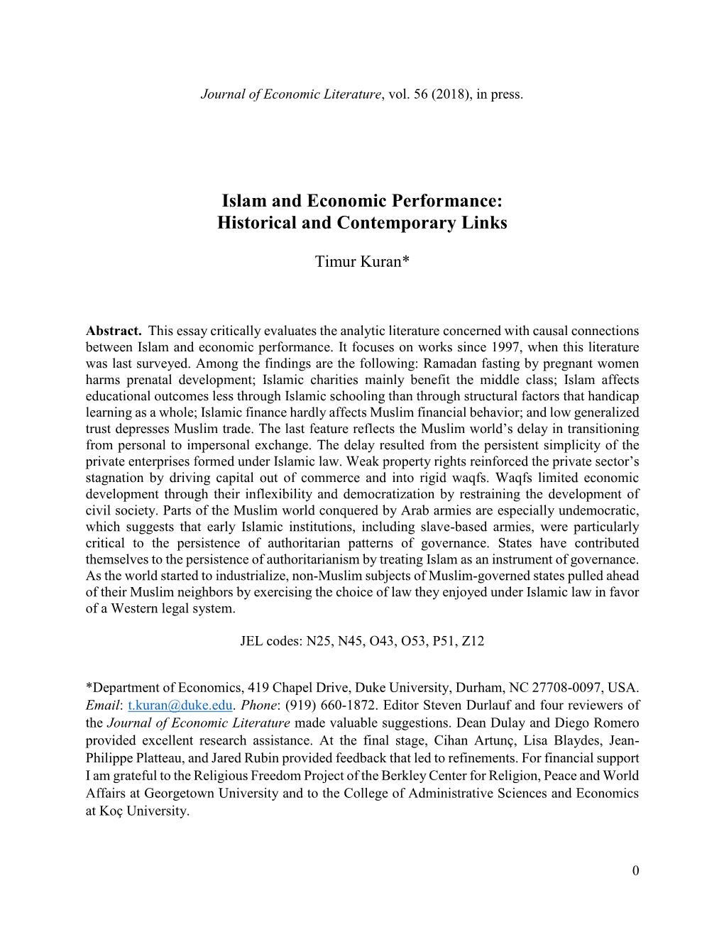 Islam and Economic Performance: Historical and Contemporary Links