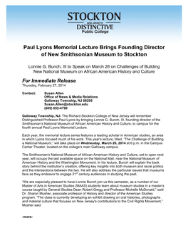 Paul Lyons Memorial Lecture Brings Founding Director of New Smithsonian Museum to Stockton