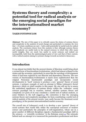 Systems Theory and Complexity: a Potential Tool for Radical Analysis Or the Emerging Social Paradigm for the Internationalised Market Economy?