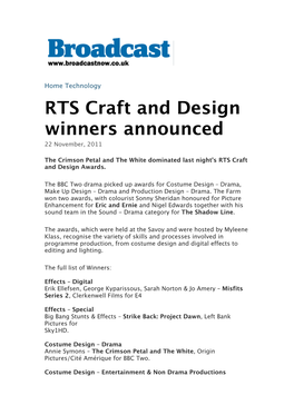 RTS Craft and Design Winners Announced 22 November, 2011